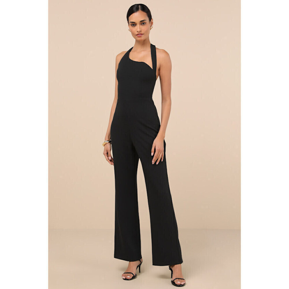 Lulus Women's Flirty Outing Black Asymmetrical Halter Jumpsuit - Size XL